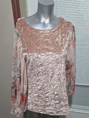 Anthropologie Blush Pink Crushed Velvet Blouse with Floral Sheer Sleeves